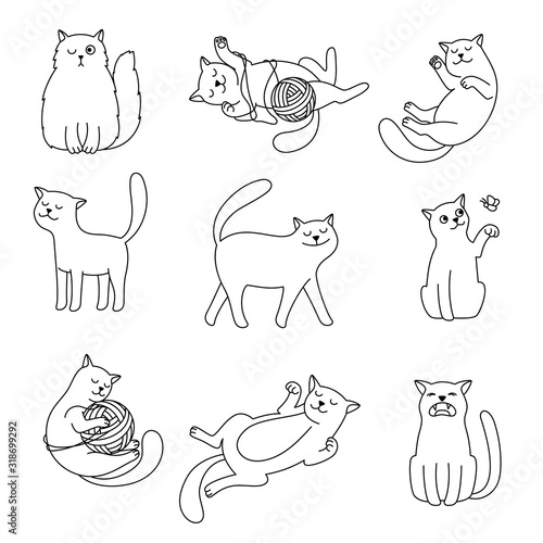 Cats line doodles. Vector cartoon cute outline cat sketches, minimalism lines playing domestic kittens images isolated on white background