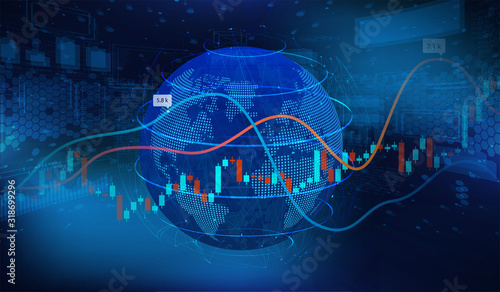 World economics concept. 3D Earth Globe with graphics and charts.  Economic trends , business or digital network idea concept. Vector financial illustration. Vector