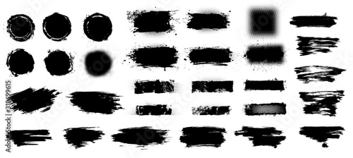 Set of thick brush strokes. Dirty artistic design elements, boxes, frames for text. Irregular drawing strokes. Brush stroke background. Set of black paint, circles, ink brush strokes. Vector set