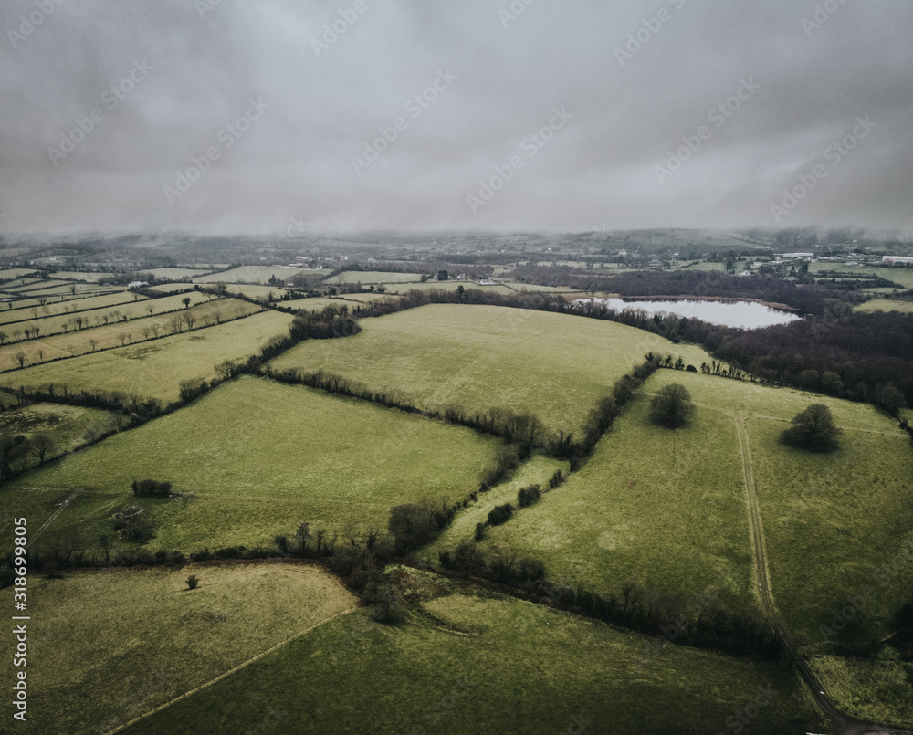 A green field panorama in cloudy weather