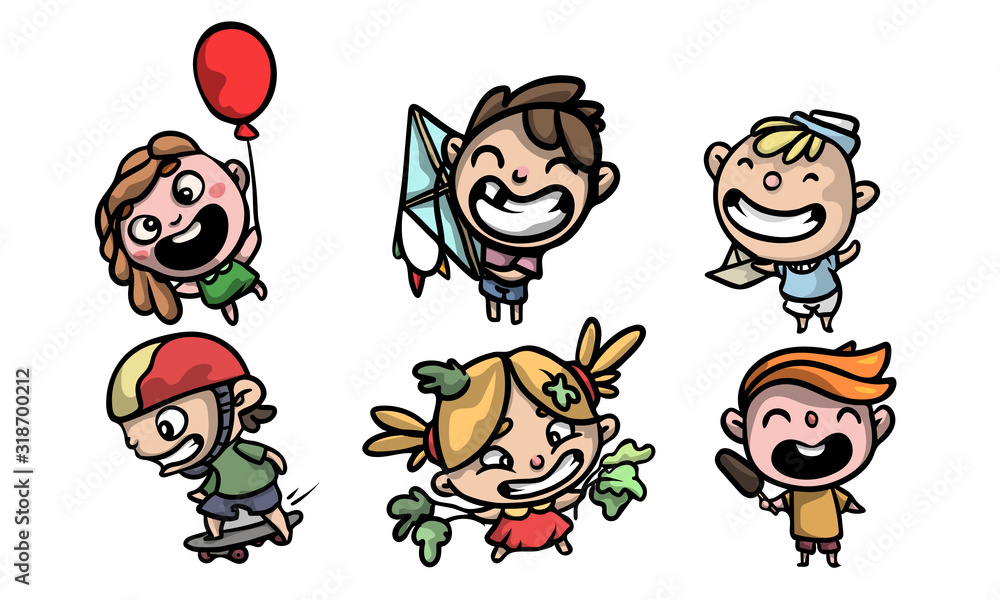 Set of cute and funny kids in colorful modern clothes. Vector illustration in flat cartoon style. Set of cute and funny kids in colorful modern clothes. Vector illustration in flat cartoon style.