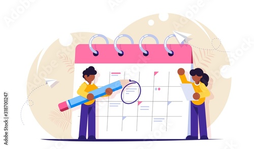 Concept of planning tasks for the week, month. Employees with a pencil and a list of tasks are near the calendar, the scheduler. Black man and woman make up a business plan. Modern flat illustration.