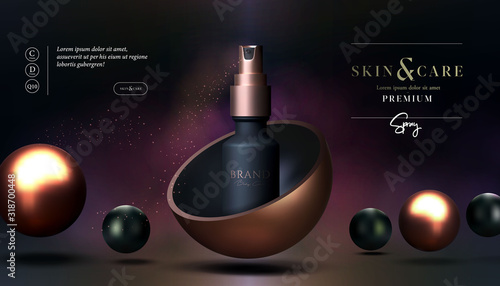 Skin care cosmetics body spray, lotion, washing gel or cleancer in white bottle with pump. Spray packaging vector poster, flyer, or web banner. Mock-up promo banner. Spray tube packaging promo design.