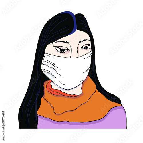 Girl in medical mas icon. Hand drawn object isolated graphic design element for web, for print