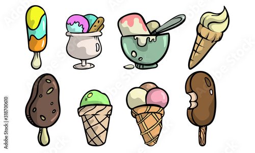 Set of different colorful ice cream, sweet cold food.Vector illustration in flat cartoon style.