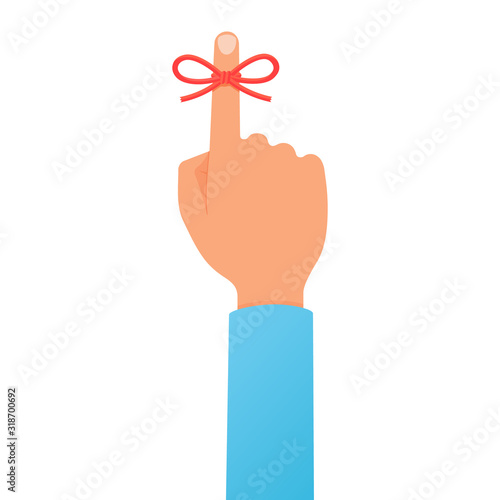 Man's hand with red bow remainder string ribbon rope on forefinger. Forgetfulness, don't forget. Flat cartoon style vector colorful illustration isolated on white background.
