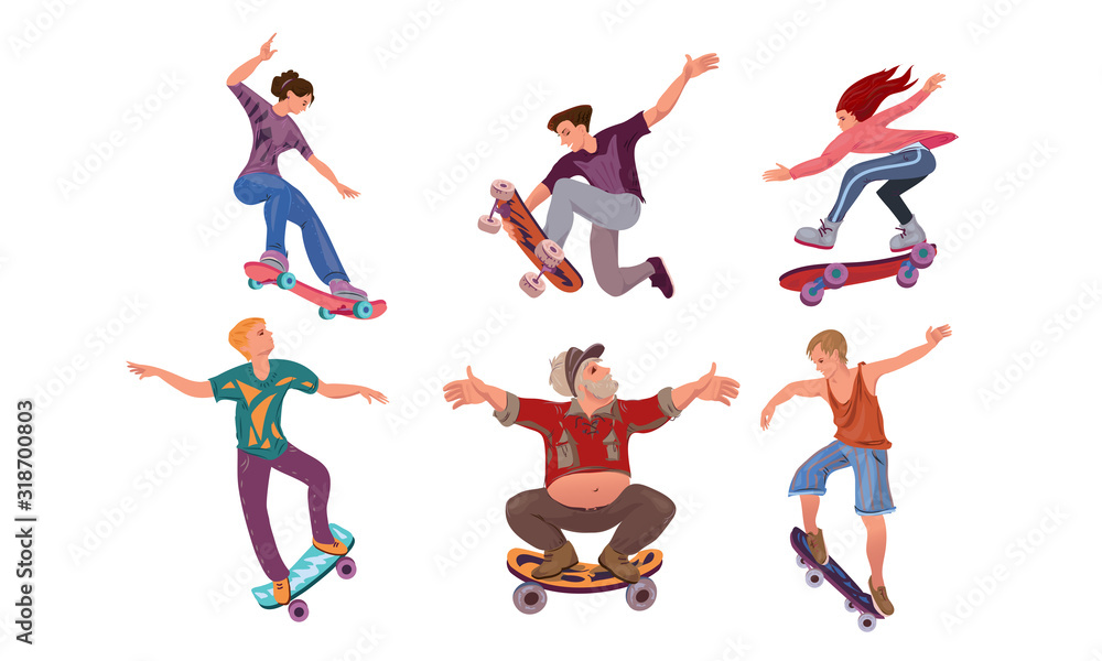 Set of different ages people on skateboard in city park. Vector illustration in flat cartoon style.