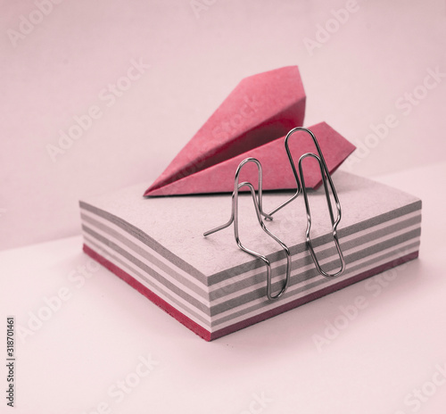 love concept with pink papper plane and clips couple