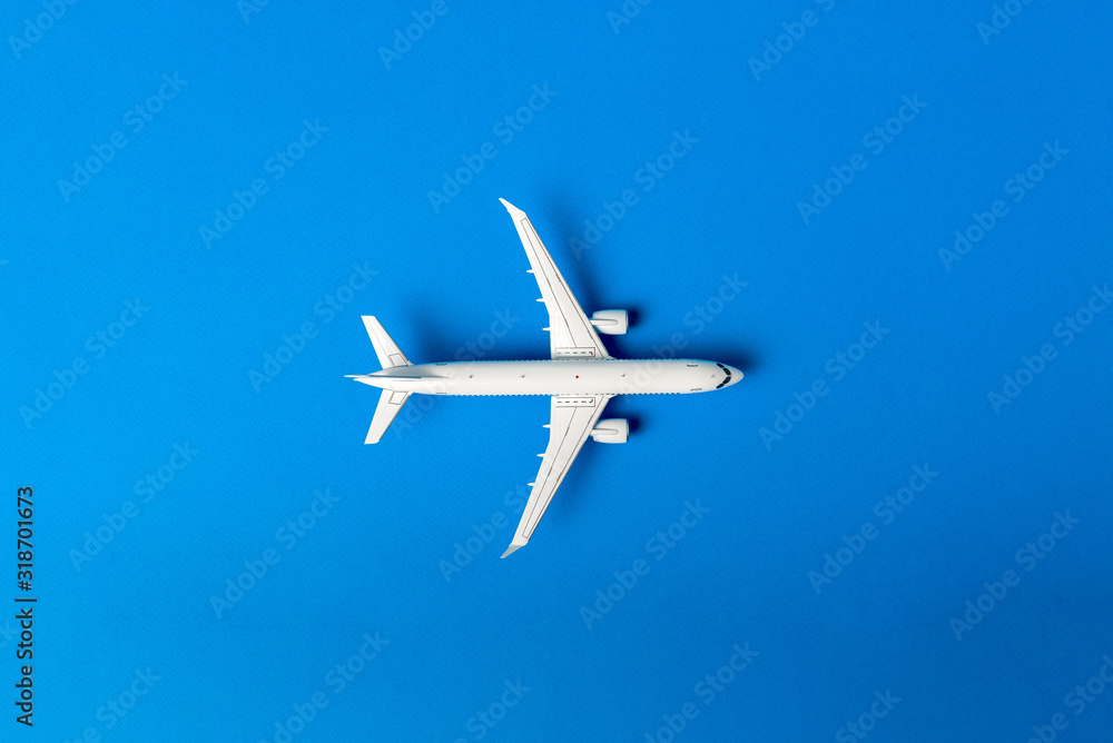 Naklejka premium The passenger plane on blue background with empty space for text. Top view, copy space