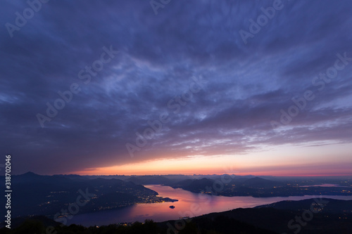 View of the Maggiore lake from Mottarone at sunrise.