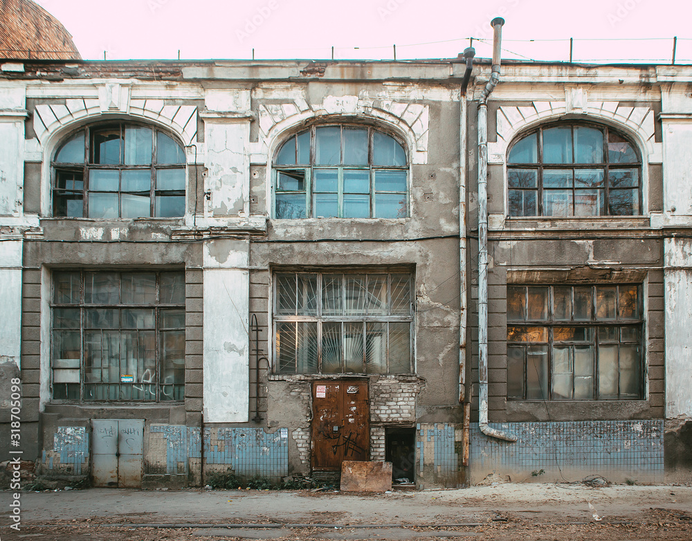 Abandoned building with large windows in Kharkiv