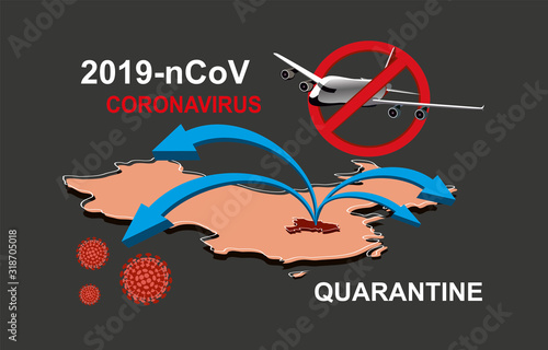 2019-nCoV. China pathogen respiratory coronavirus 2019-nCoV. Flu spreading of world, China map, arrows, floating influenza virus cells. Dangerous chinese ncov corona virus, SARS pandemic risk alert