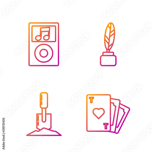 Set line Playing card with heart symbol, Shovel in the ground, Music player and Feather and inkwell. Gradient color icons. Vector