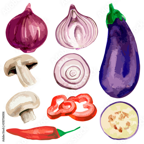 Watercolor vector illustration of healthy vegetable set of onions, mushrooms, paprika and eggplant