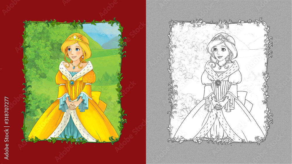 Obraz premium cartoon scene with princess queen on the meadow with sketch