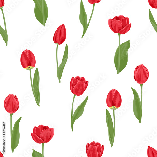 Red tulips seamless pattern. Vector illustration of beautiful spring flowers on a white background. Floral decoration in cartoon flat style.