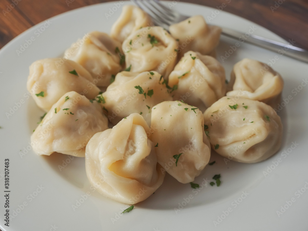 Dumpling on a white plate with herbs. Traditional Eastern European food, Dumpling on a white plate with herbs. Traditional Eastern European food,