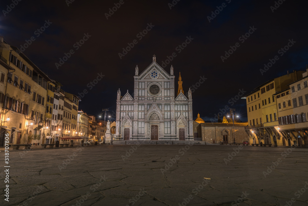 Church of Santa Croce in Florence in Tuscany in Italy during blue hour with empty square and historical old buildings Church of Santa Croce in Florence in Tuscany in Italy during blue hour with empty square and historical old buildings