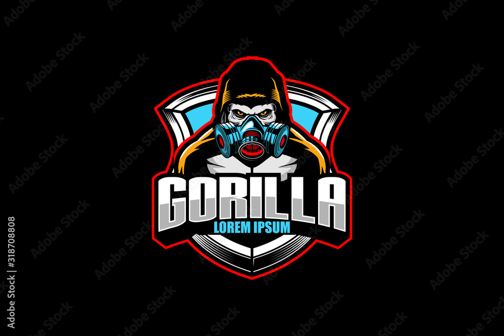 gorilla cartoon character with gas mask badge logo template