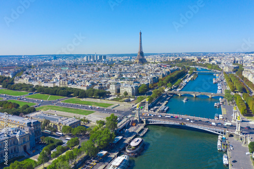 Aerial cityscape of Paris France with Seine River and Eiffel Tower