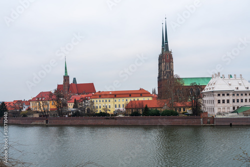 Fototapeta Naklejka Na Ścianę i Meble -  View of buildings, architecture and streets of the city of Wrocław, the historic capital of Lower Silesia.