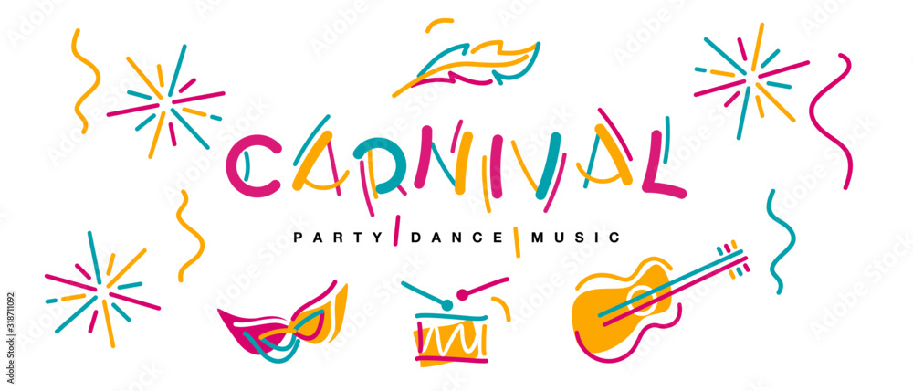 Carnival black light handwritten typography colorful logo party dance music carnival elements isolated white background - obrazy, fototapety, plakaty 