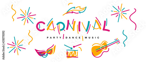 Carnival black light handwritten typography colorful logo party dance music carnival elements isolated white background photo