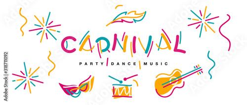 Carnival black light handwritten typography colorful logo party dance music carnival elements isolated white background