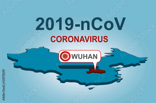 2019-nCoV. China pathogen respiratory coronavirus 2019-nCoV. Flu spreading of world, China map. Dangerous chinese ncov corona virus, SARS pandemic risk alert. Coronavirus originating in Wuhan, China.