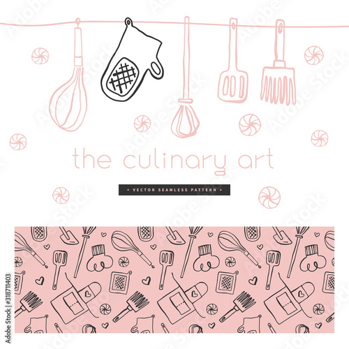Vector badge for Cooking classes. Seamless pattern for banner of cooking courses. Kitchen utensils pattern. Vector templates for bakehouse packaging in trendy line ink style. Bread house banner.