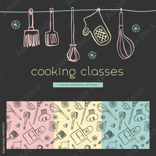 Vector badge for Cooking classes. Seamless pattern for banner of cooking courses. Kitchen utensils pattern. Vector templates for bakehouse packaging in trendy line ink style. Bread house banner.