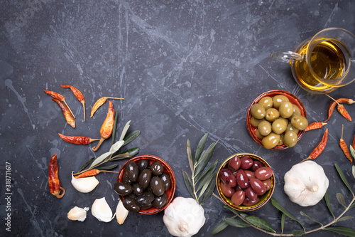 Pickled olives ready to eat, healthy food used in mediterranean cuisines