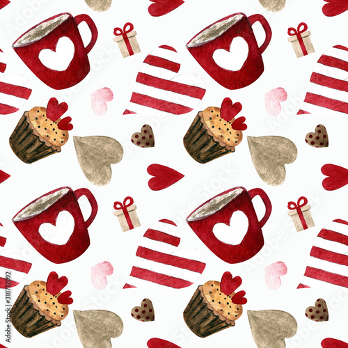 Seamless pattern with capcakes, cup and hearts on white background Watercolor illustration photo