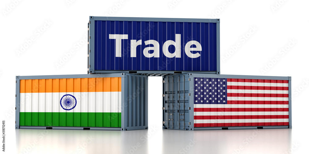 Freight container with USA and India flag. 3D Rendering Freight container with USA and India flag. 3D Rendering