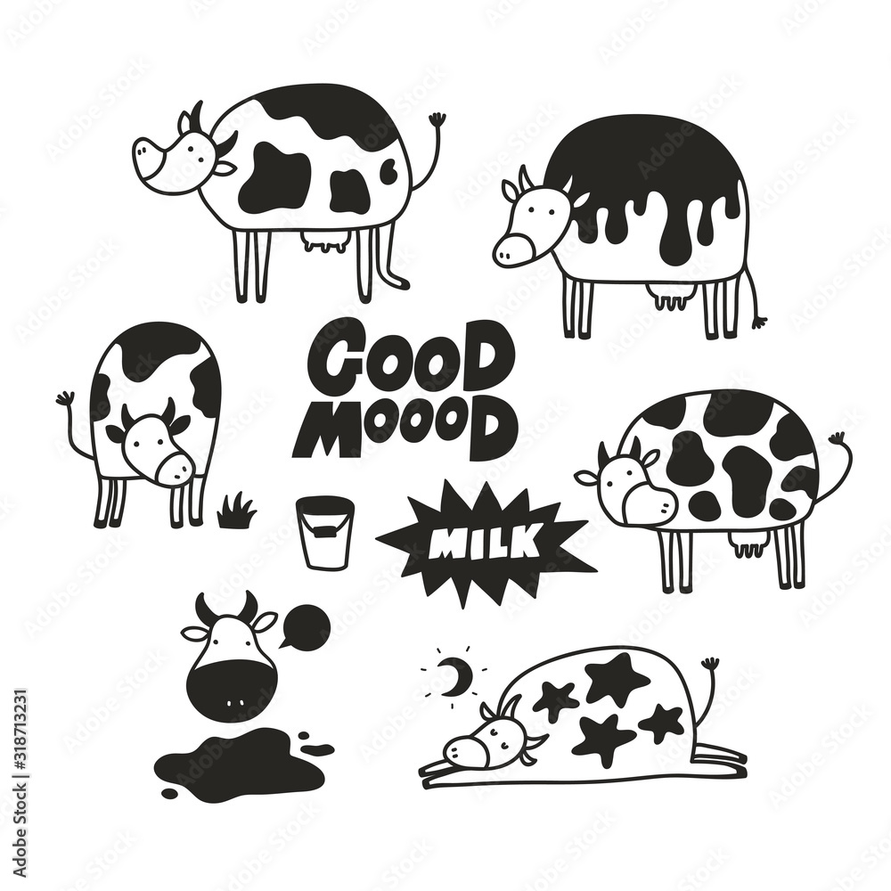 Set of funny cow animals in children doodle style. Set of funny cow animals in children doodle style.