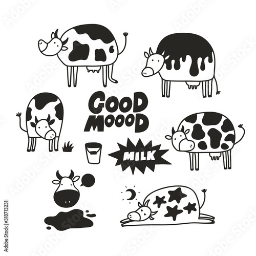 Set of funny cow animals in children doodle style.