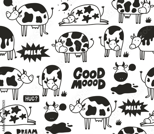 Black and white cow skin seamless patten with doodle animals.