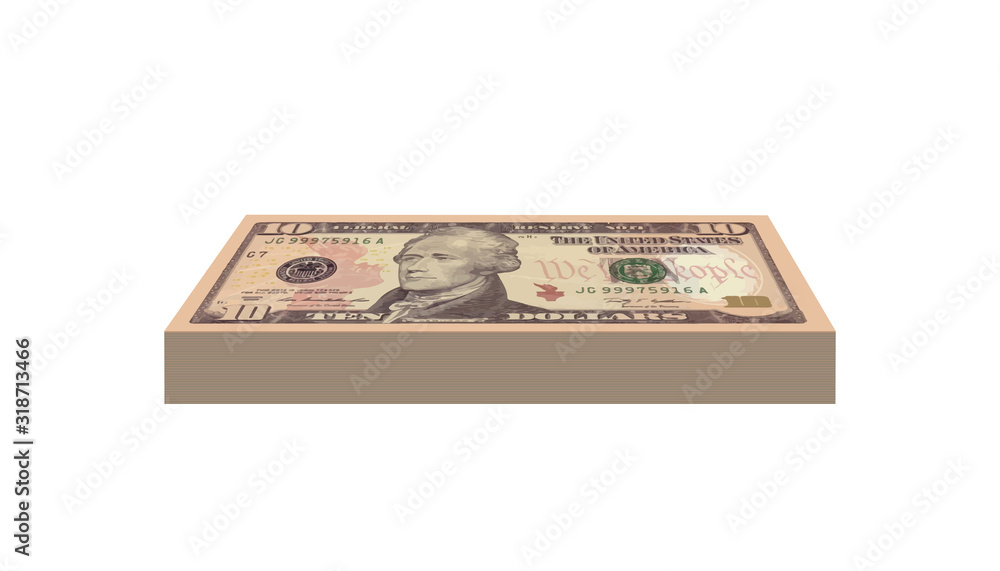 10 Dollars bundle money realistic paper banknotes of USA - vector one size, business art illustration 10 Dollars bundle money realistic paper banknotes of USA - vector one size, business art illustration