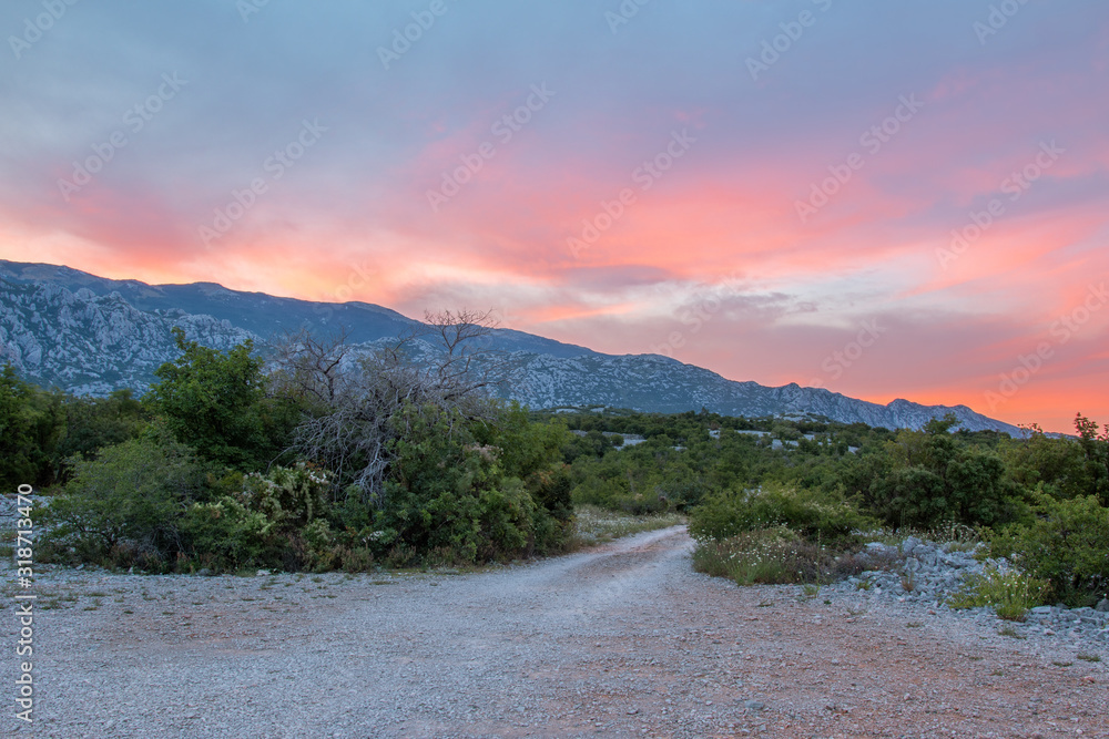 The view of the Velebit mountain range at the sunrize on the early summer morning, Croatia