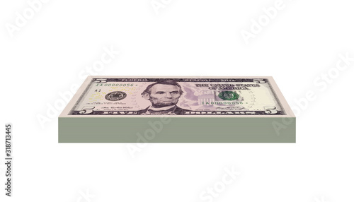 5 Dollars bundle money realistic paper banknotes of USA - vector one size, business art illustration	