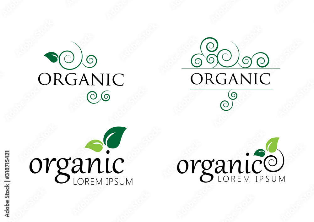 Fototapeta premium Organic Logo Set. Nature Elements - Isolated On White. Green Organic Logo, Vector. Collection Of Organic Icon For Health Symbol, Leaf Design, Nature Element, Planet Logo And Eco Icon. Vector Template