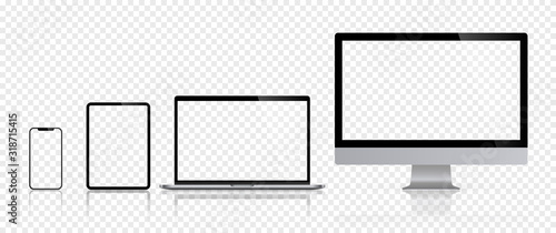 Realistic set of computer monitors desktop laptop tablet and phone reflect with checkerboard screen and background. Isolated illustration vector illustrator Ai EPS
