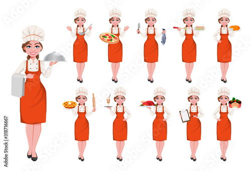 Beautiful young chef woman, set of eleven poses