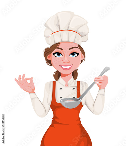 Beautiful young chef woman. Pretty cook lady