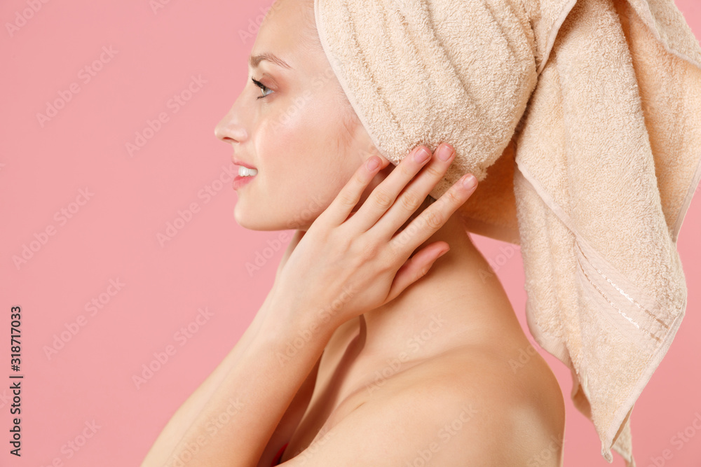 Close up blonde half naked woman 20s perfect skin nude make up blue eyes isolated on pastel pink wall background studio portrait. Skin care healthcare cosmetic procedures concept. Mock up copy space. Close up blonde half naked woman 20s perfect skin nude make up blue eyes isolated on pastel pink wall background studio portrait. Skin care healthcare cosmetic procedures concept. Mock up copy space.