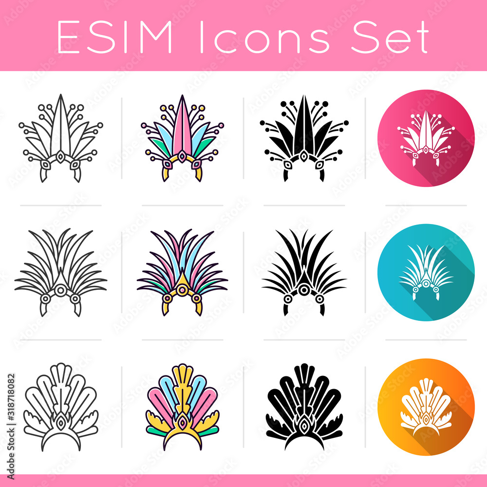 Brazilian carnival hat icons set. Crown with plumage. Linear, black and RGB color styles. Traditional headwear. Ethnic holiday. National festival. Masquerade parade. Isolated vector illustrations