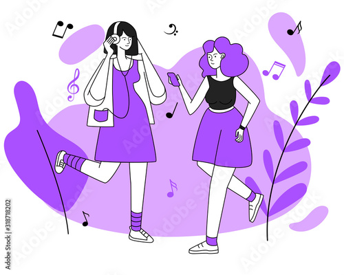 Female joggers with headphones vector illustration. Active rest, stroll, walking, activity, recreation. Young music listeners, women with earphones isolated flat contour characters