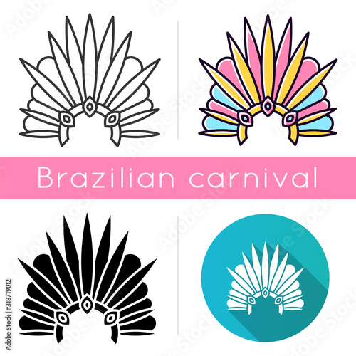 Brazilian carnival headwear icons set. Linear, black and RGB color styles. Crown with plumage and jewels. Ethnic festival. National holiday. Masquerade parade. Isolated vector illustrations