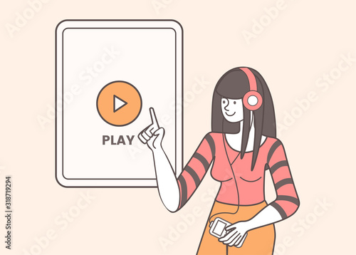 Media player app vector illustration. Radio, mobile application, smartphone with play button on screen. Smiling music lover, woman with radioreceiver and earphones isolated flat contour character