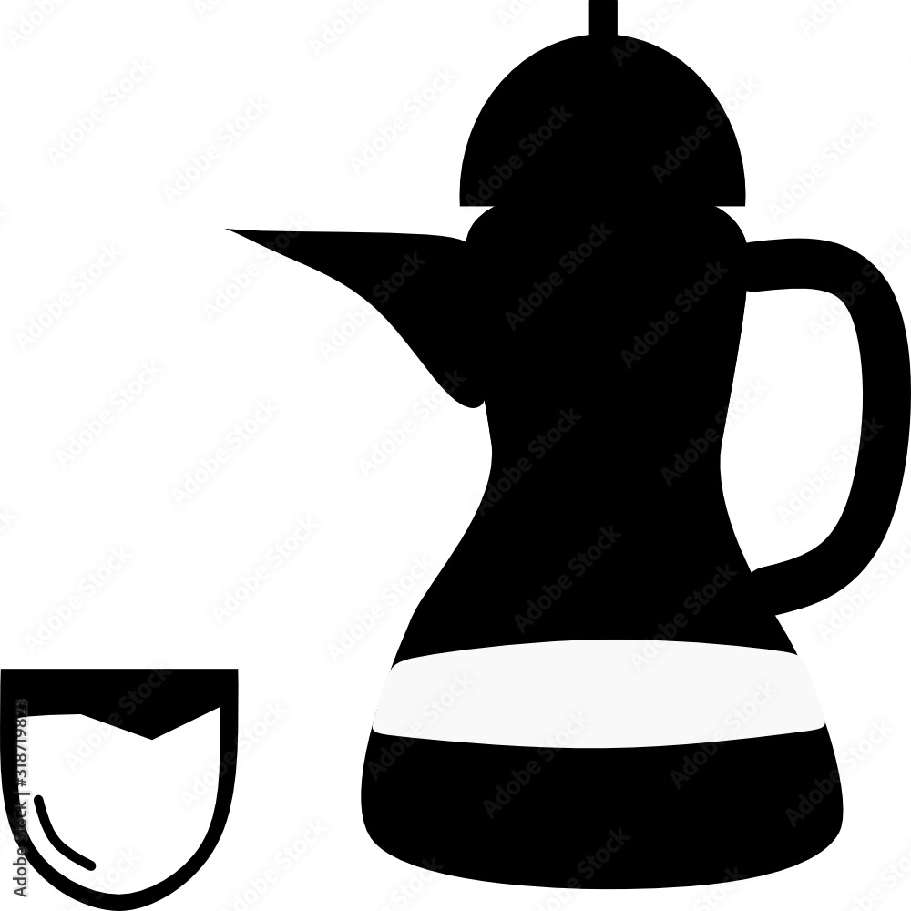 Ramadan Iftar party Traditional Black teapot with cup on dinner. Ramadan Kareem in Arabic freehand for Islam religious festival Eid with Arabic coffee logo on the white background Ramadan Iftar party Traditional Black teapot with cup on dinner. Ramadan Kareem in Arabic freehand for Islam religious festival Eid with Arabic coffee logo on the white background